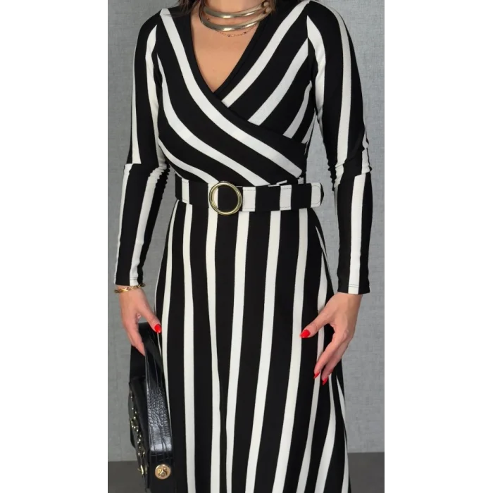 Kadın Uzun Kollu Kruvaze Yaka Kemer Dahil çizgili Triko Elbise
