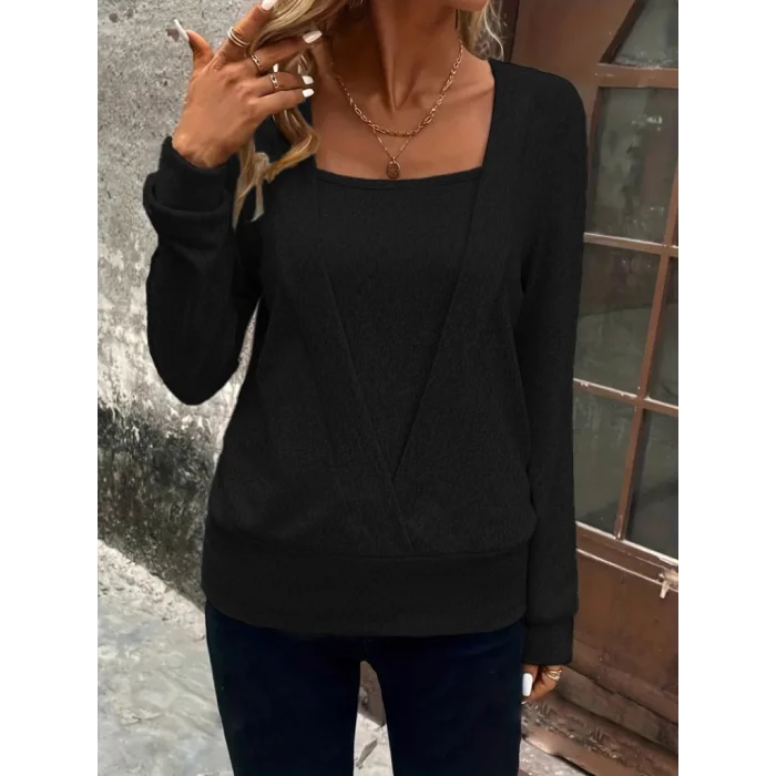 Kadın Uzun Kollu Kruvaze Yaka Kol Ve Etek Ucu Manşet Detay Yumoş Bluz