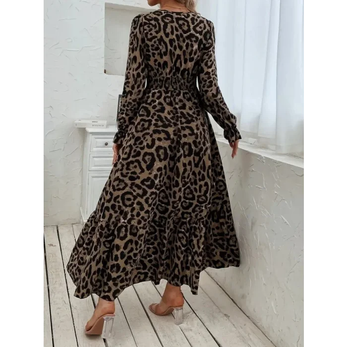 Kadın Uzun Kollu Kruvaze Yaka Leopar Desenli Uzun Süprem Elbise