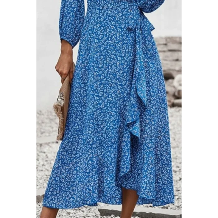 Kadın Uzun Kollu Kruvaze Yaka Yandan Bağlamalı önden Fırfır Detaylı Süprem Uzun Elbise