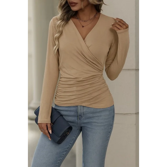 Kadın Uzun Kollu Kruvaze Yaka Yanlardan Büzgülü Viskon Bluz