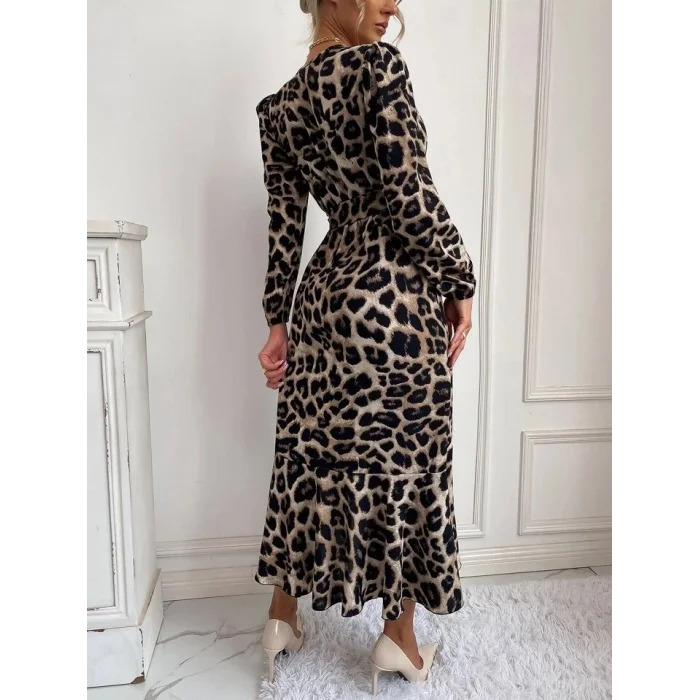 Kadın Uzun Kollu Kruvaze Yakalı Belden Kuşaklı Leopar