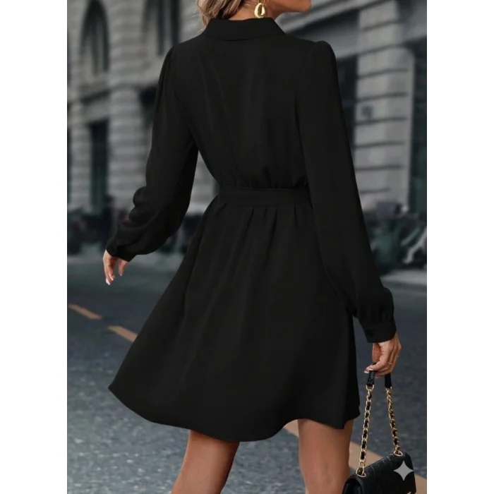 Kadın Uzun Kollu Kruvaze Yakalı Belden Kuşaklı Mini çift Katlı Ithal Krep Elbise