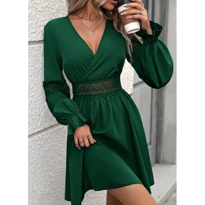 Kadın Uzun Kollu Kruvaze Yakalı Dantelli Fermuar Detaylı Mini Ithal Krep Elbise