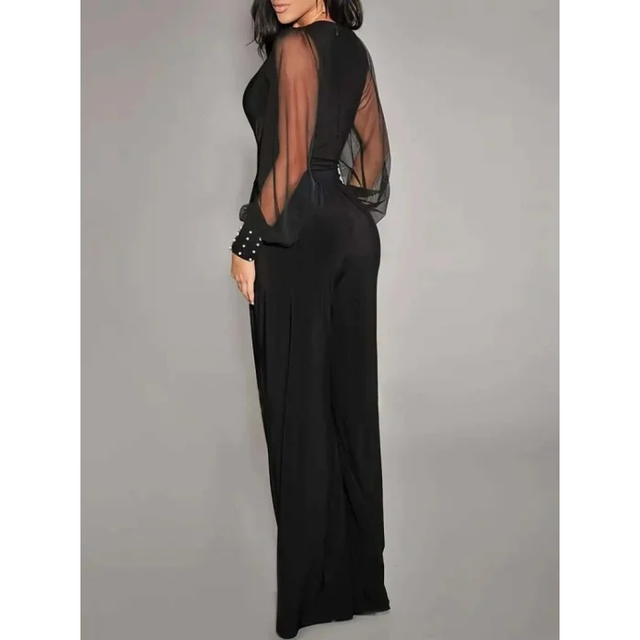 Kadın Uzun Kollu Kruvaze Yakalı Kolları Tüllü Viskon Tulum