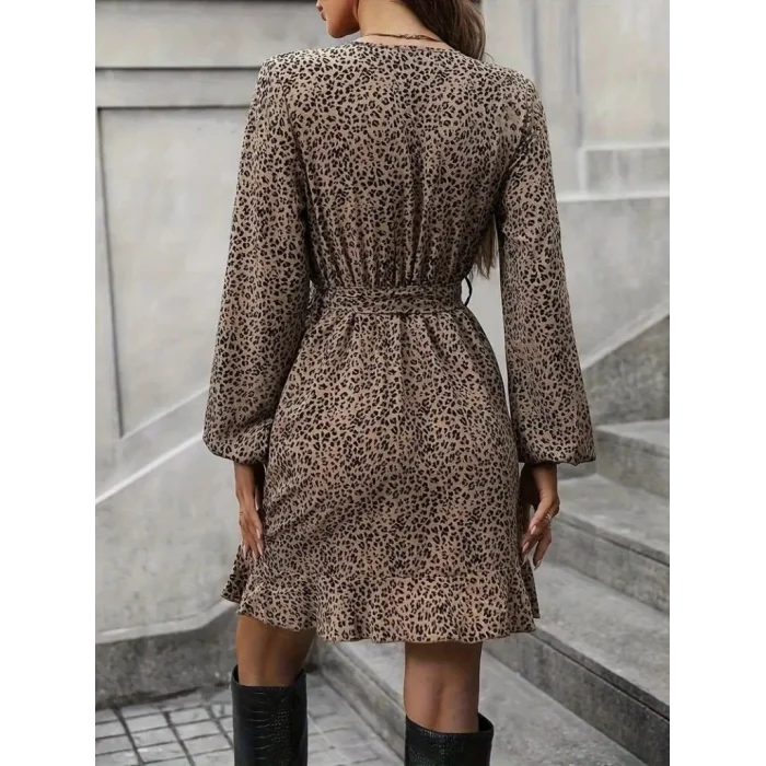 Kadın Uzun Kollu Kruvaze Yakalı Kuşaklı Desenli Kısa Modal Mini Elbise