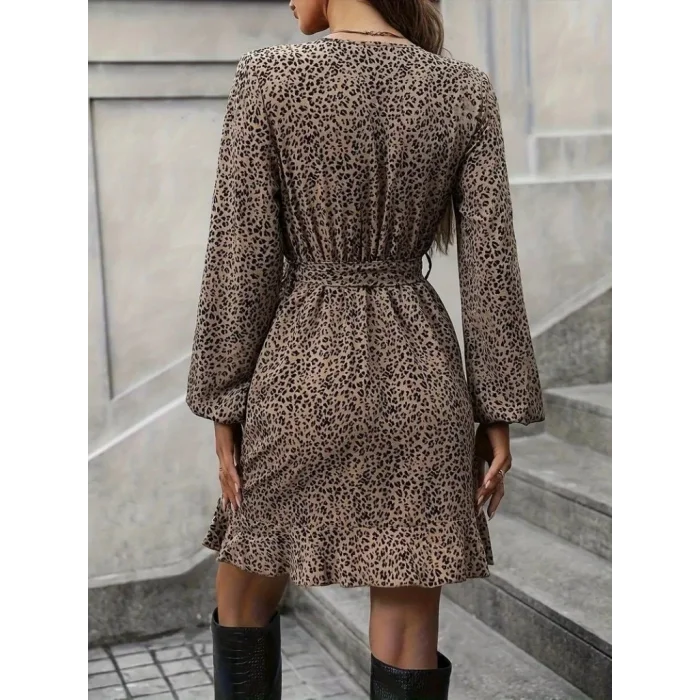 Kadın Uzun Kollu Kruvaze Yakalı Kuşaklı Desenli Kısa Modal Mini Elbise