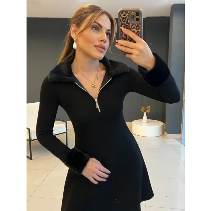 Kadın Uzun Kollu Kürk Yakalı Fermuarlı Kısa Viskon Iki Iplik Elbise