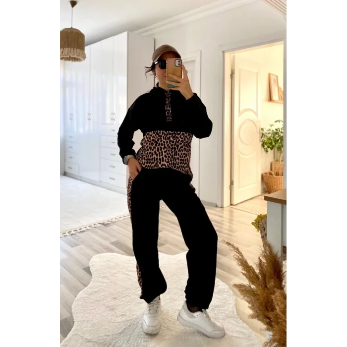 Kadın Uzun Kollu Leopar Detay Sweat Ve Yanı Leopar şerit Detay Pantolon Ikili Takım