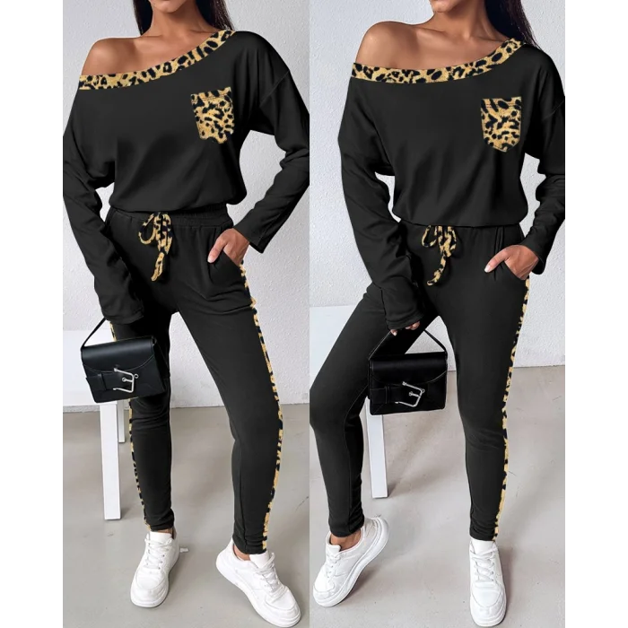 Kadın Uzun Kollu Leopar Detay Viskon Iki Iplik Ikili Takım