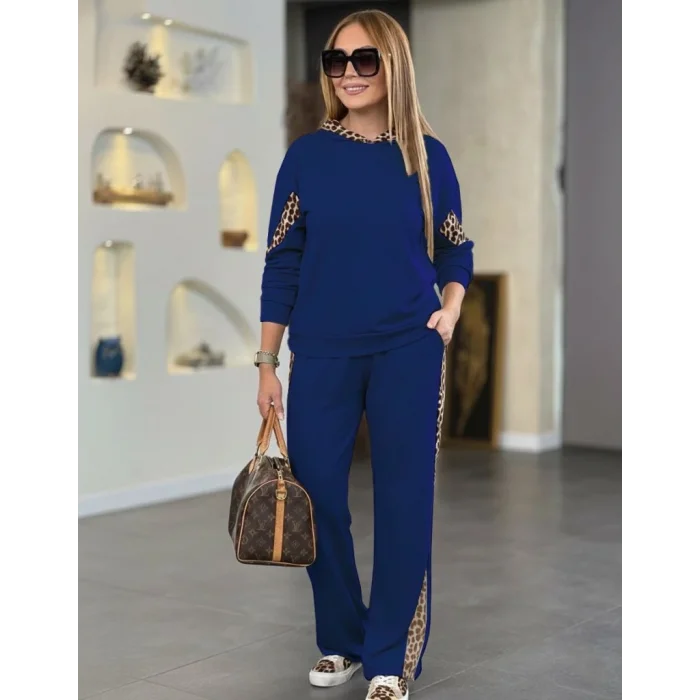 Kadın Uzun Kollu Leopar Detaylı Viskon Iki Iplik Eşofman Takımı