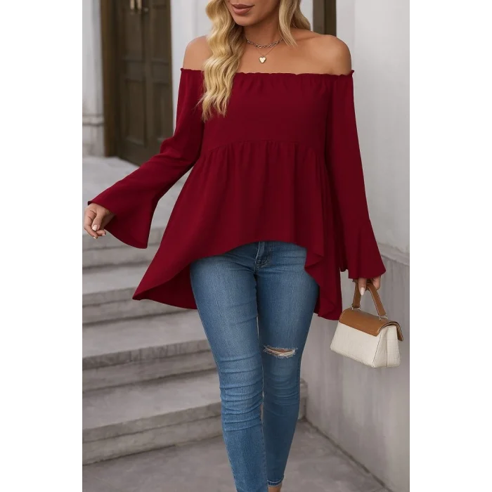 Kadın Uzun Kollu Madonna Yaka Asimetrik Detaylı Kolları Ispanyol Viskon Bluz