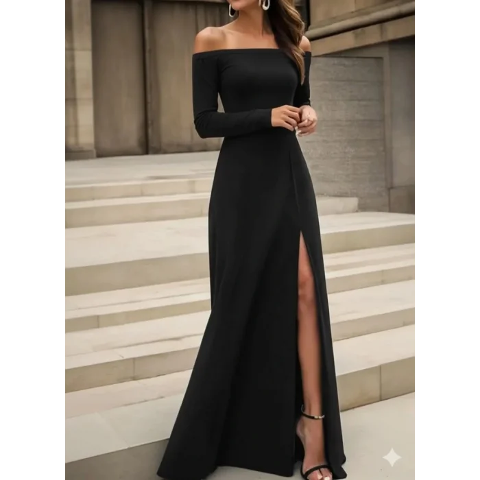 Kadın Uzun Kollu Madonna Yakalı Yırtmaç Detaylı Uzun Ithal Krep Elbise