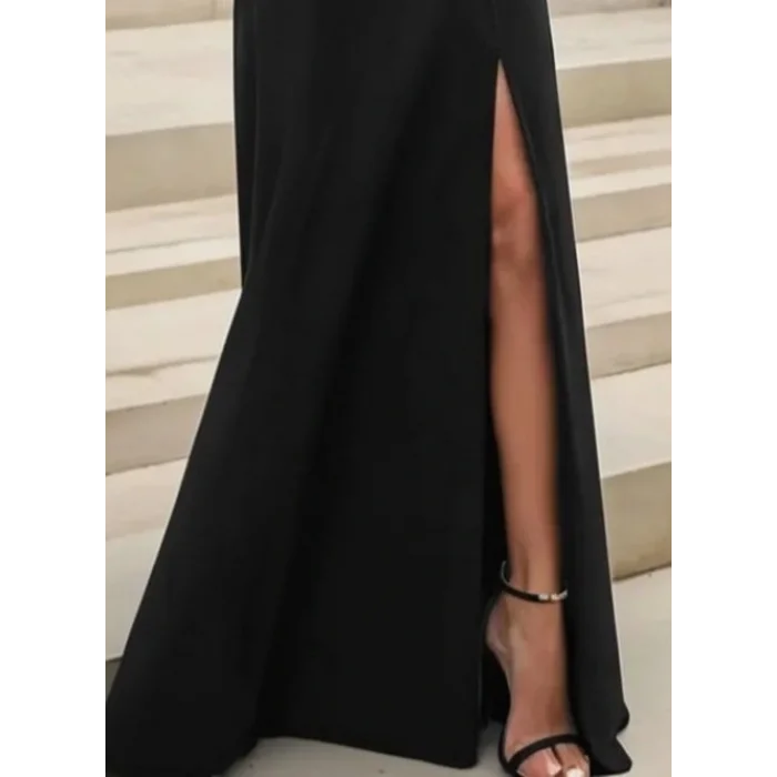 Kadın Uzun Kollu Madonna Yakalı Yırtmaç Detaylı Uzun Ithal Krep Elbise