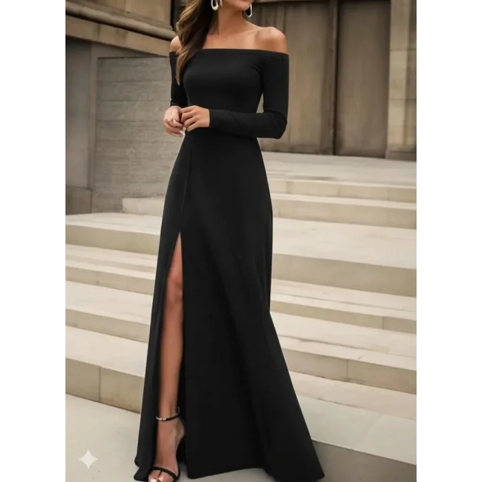 Kadın Uzun Kollu Madonna Yakalı Yırtmaç Detaylı Uzun Ithal Krep Elbise