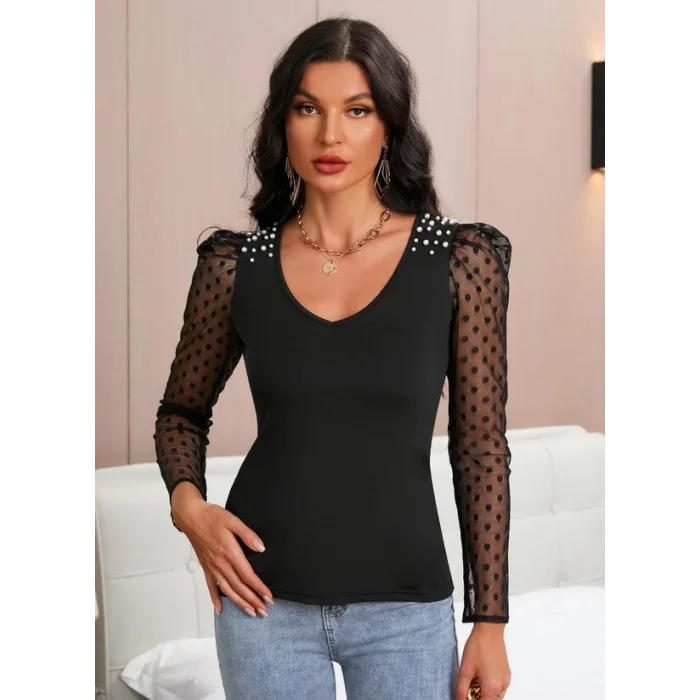 Kadın Uzun Kollu Omuz Inci Kollar Tül Detay Viskon Bluz