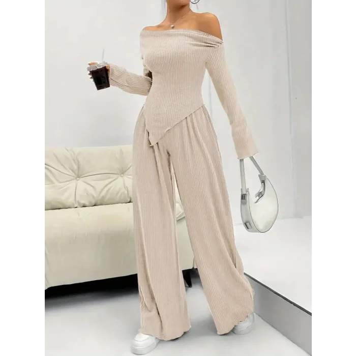 Kadın Uzun Kollu Omuzlardan Açık Asimetrik Kesim Kaşkorse Bluz Ve Pantolon Ikili Pantolon