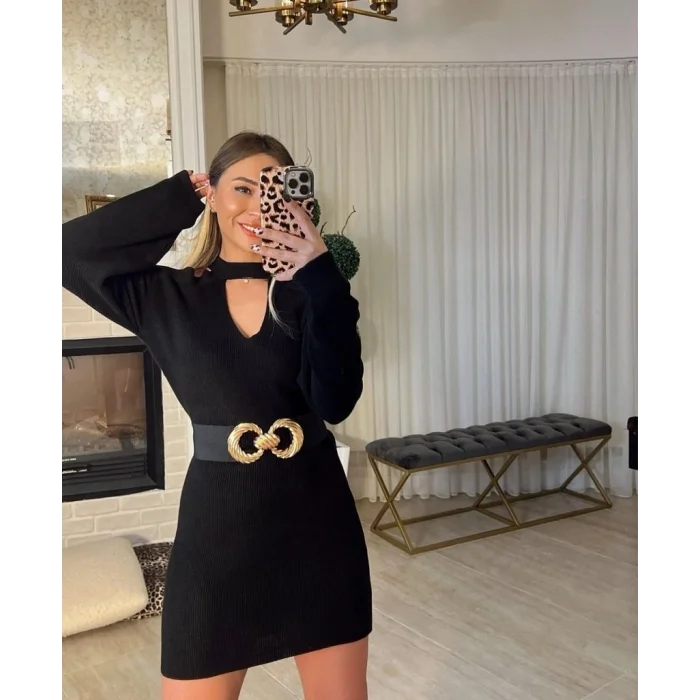 Kadın Uzun Kollu Omuzları Açık Boyundan şerit Detay Kaşkorse Elbise