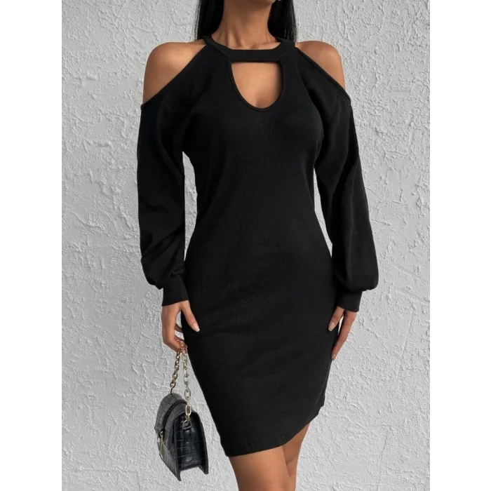 Kadın Uzun Kollu Omuzları Açık Boyundan şerit Detay Kaşkorse Elbise