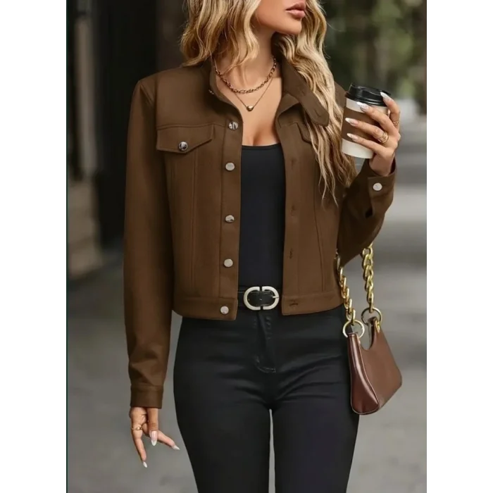 Kadın Uzun Kollu önden Düğmeli Kısa Süet Ceket