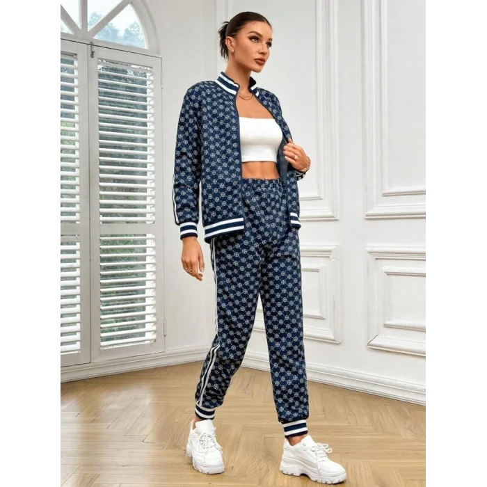 Kadın Uzun Kollu önden Fermuarlı Desenli Iki Iplik Bluz Ve Pantolon Ikili Takım