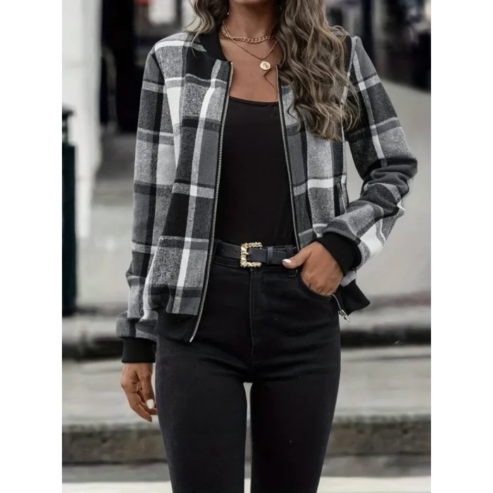 Kadın Uzun Kollu önden Fermuarlı Ekose Desenli Ceket