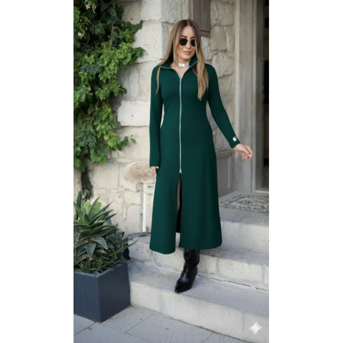 Kadın Uzun Kollu önden Fermuarlı Ithal Krep Elbise