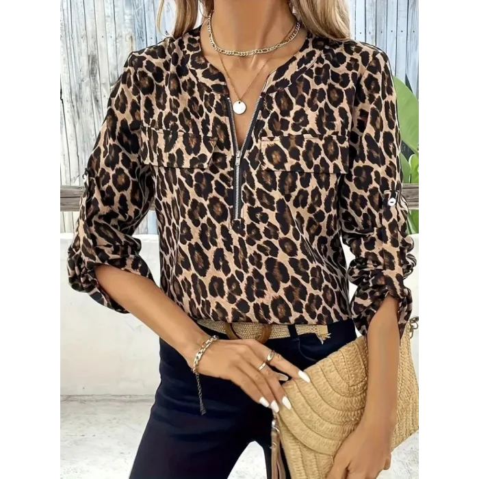 Kadın Uzun Kollu önden Fermuarlı Leopar Desenli Modal Bluz