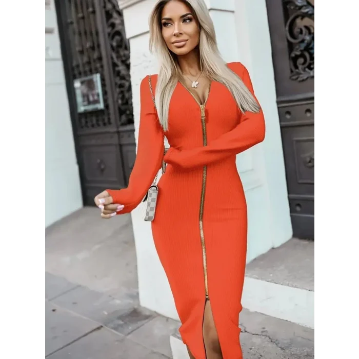 Kadın Uzun Kollu önden Fermuarlı Midi Ottoman Elbise