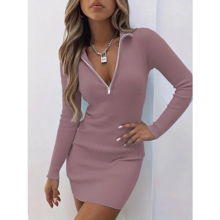 Kadın Uzun Kollu önden Fermuarlı Mini Kaşkorse Elbise