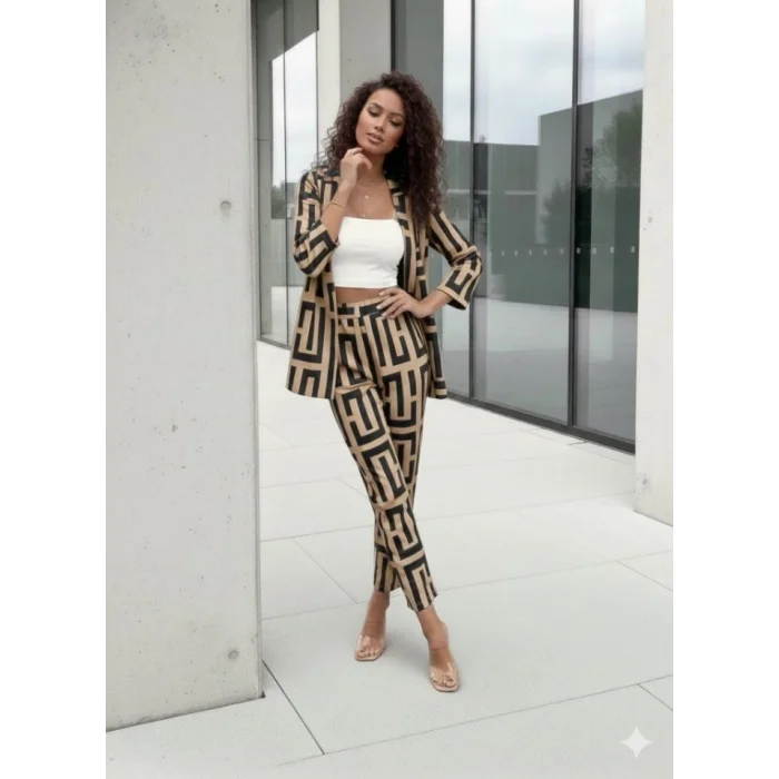 Kadın Uzun Kollu önü Açık Desenli Iki Iplik Ceket Ve Pantolon Ikili Takım