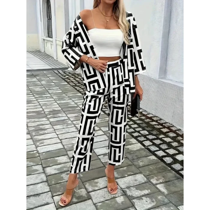 Kadın Uzun Kollu önü Açık Desenli Iki Iplik Ceket Ve Pantolon Ikili Takım