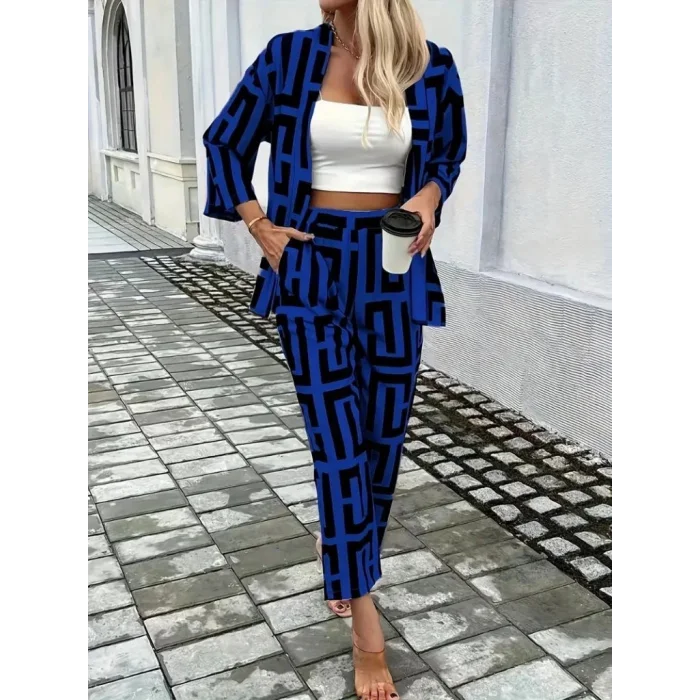 Kadın Uzun Kollu önü Açık Desenli Iki Iplik Ceket Ve Pantolon Ikili Takım