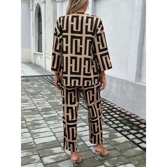 Kadın Uzun Kollu önü Açık Desenli Iki Iplik Ceket Ve Pantolon Ikili Takım