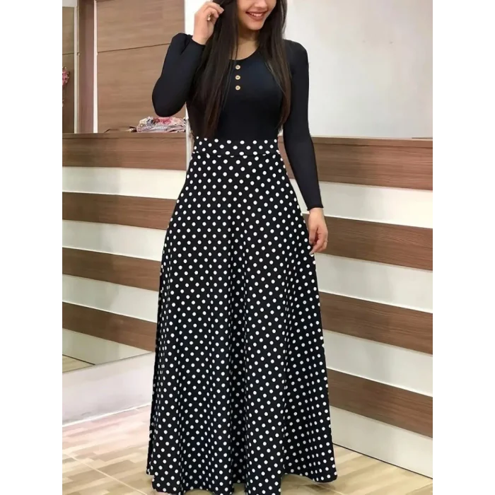 Kadın Uzun Kollu önü Düğmeli Viskon Bluz Eteği örme Maxi Krep Elbise