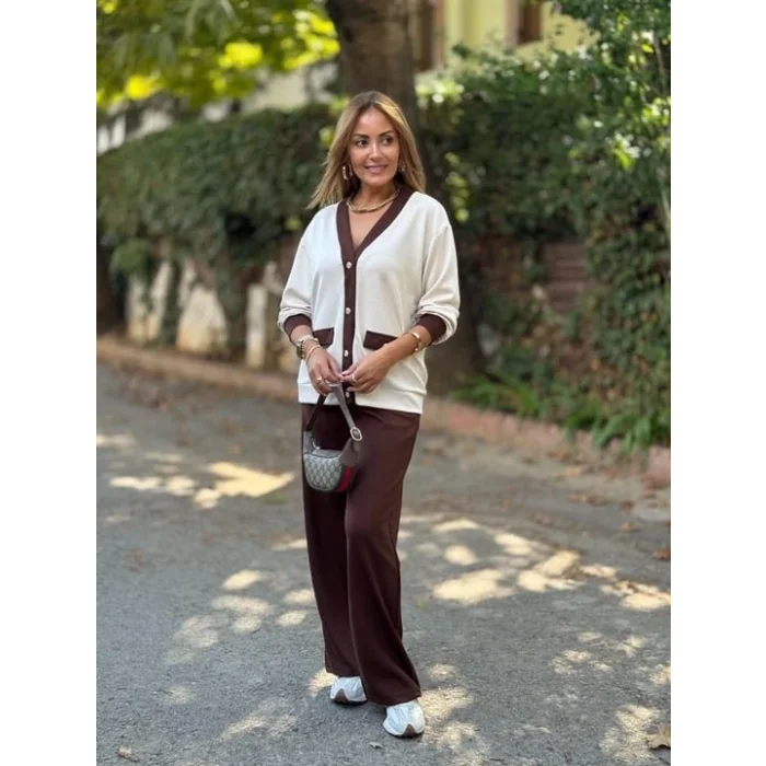 Kadın Uzun Kollu Ribanali Cep Detay Hırka Ve Bol Paça Pantolon Ikili Takım