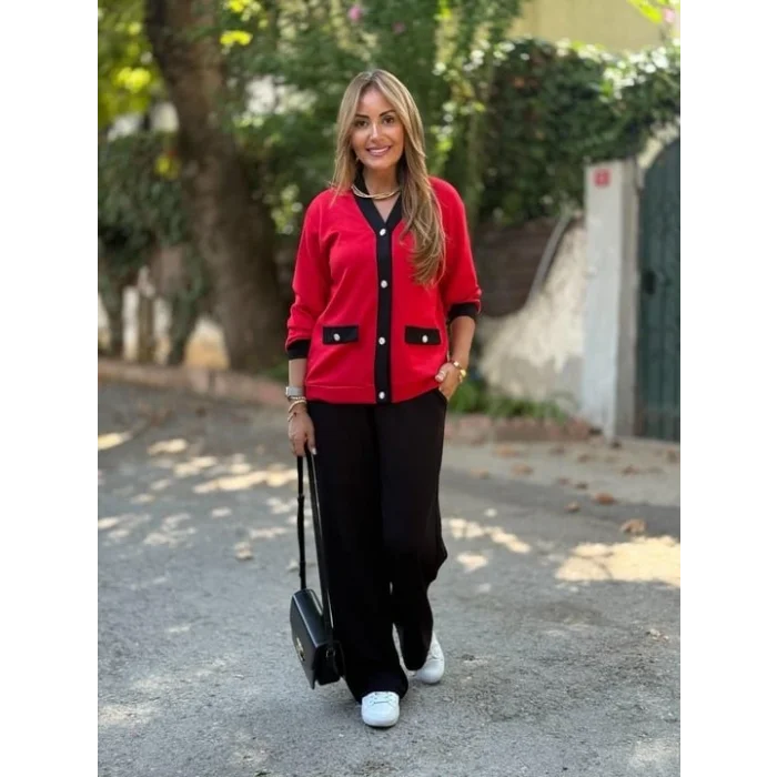 Kadın Uzun Kollu Ribanali Cep Detay Hırka Ve Bol Paça Pantolon Ikili Takım