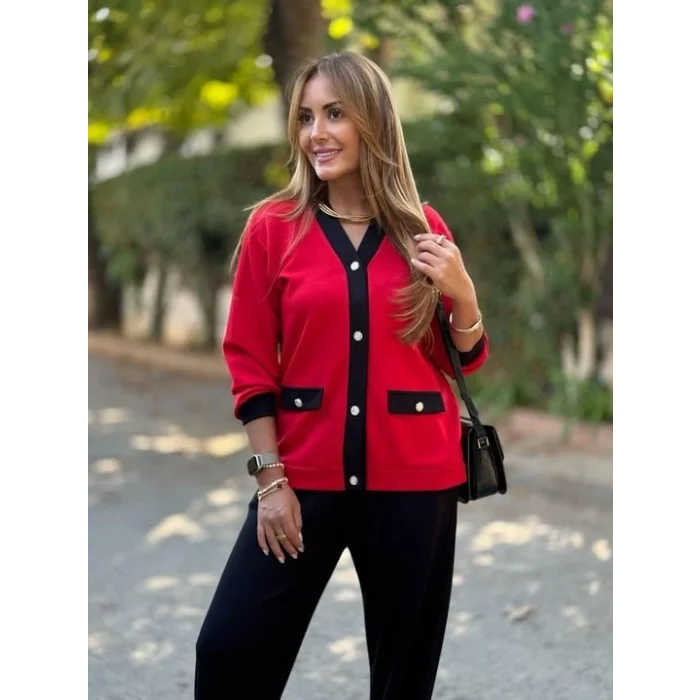 Kadın Uzun Kollu Ribanali Cep Detay Hırka Ve Bol Paça Pantolon Ikili Takım