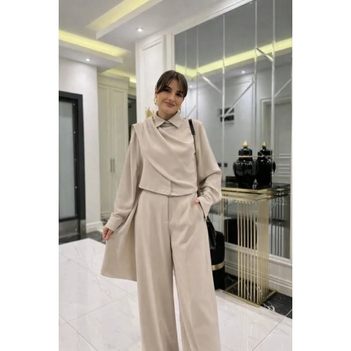 Kadın Uzun Kollu şal Detaylı Bluz Ve Pantolon Kemer Dahil Ikili Takım