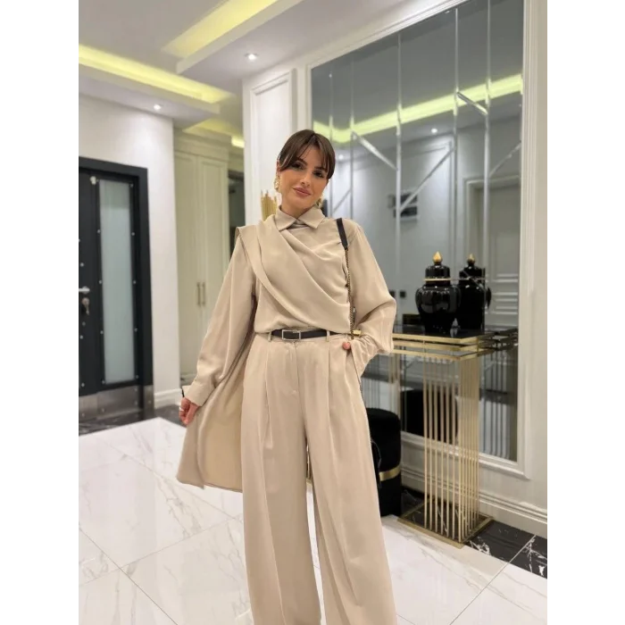 Kadın Uzun Kollu şal Detaylı Bluz Ve Pantolon Kemer Dahil Ikili Takım