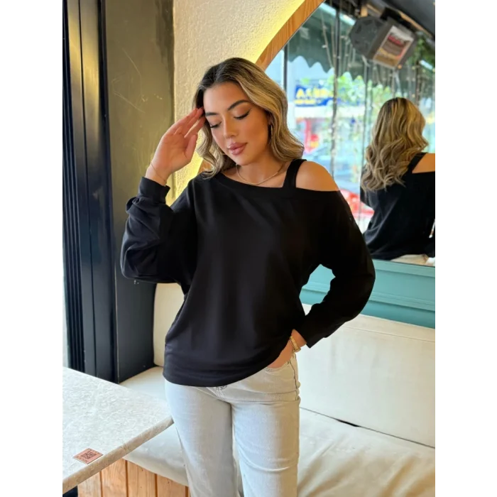 Kadın Uzun Kollu Tek Omuz Askı Detay Salaş Viskon Iki Iplik Bluz