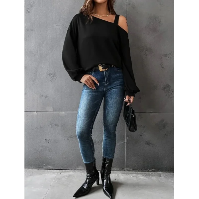 Kadın Uzun Kollu Tek Omuz Askı Detay Salaş Viskon Iki Iplik Bluz