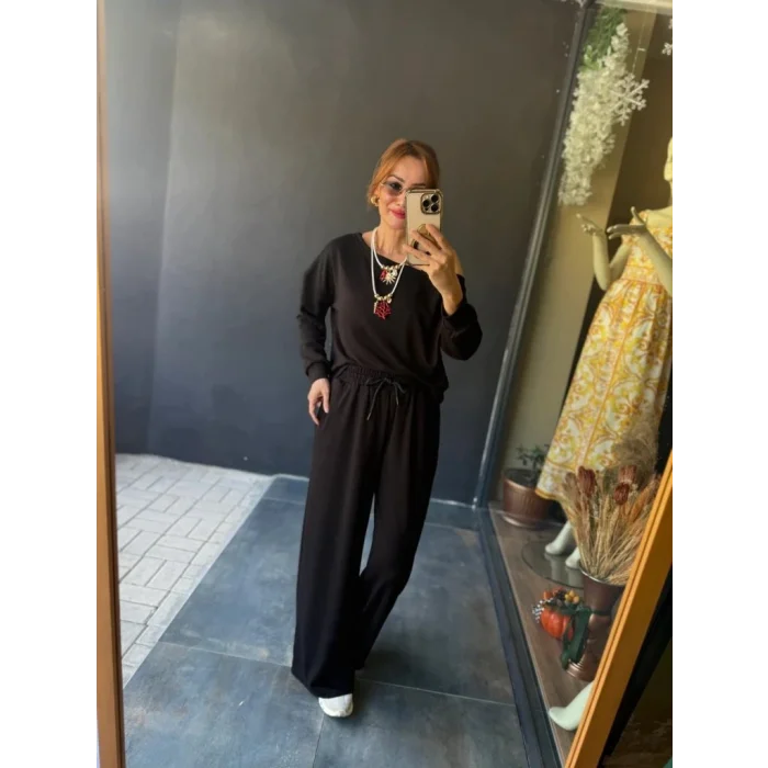 Kadın Uzun Kollu Tek Omuzdan Açık Viskon Iki Iplik Bluz Ve Pantolon Ikili Takım