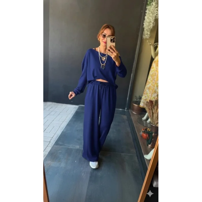 Kadın Uzun Kollu Tek Omuzdan Açık Viskon Iki Iplik Bluz Ve Pantolon Ikili Takım