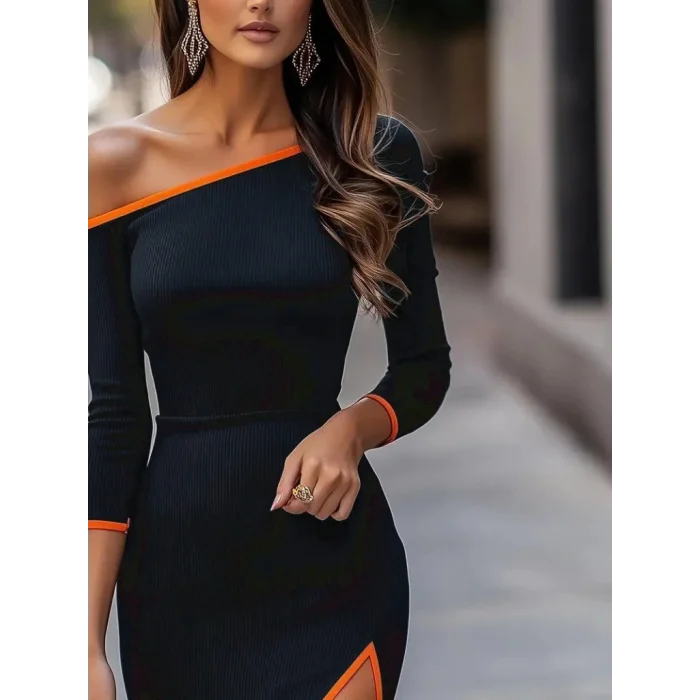 Kadın Uzun Kollu Tek Omuzu Açık Yandan Yırtmaçlı Midi Kaşkorse Elbise