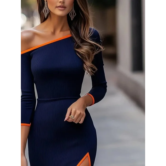 Kadın Uzun Kollu Tek Omuzu Açık Yandan Yırtmaçlı Midi Kaşkorse Elbise