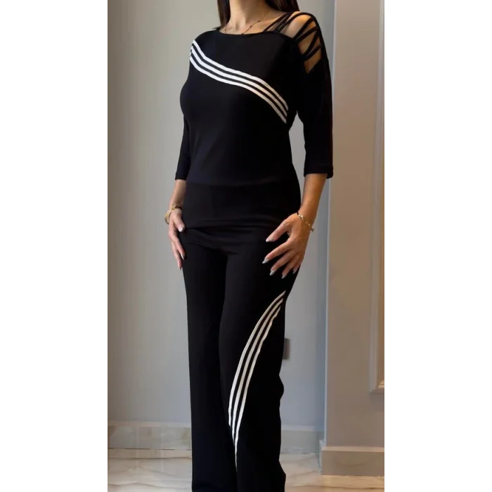 Kadın Uzun Kollu Truvakar Kol Tek Omuz çapraz şerit Detaylı Ribanalı Viskon Iki Iplik Bluz Ve Pantolon Ikili Takım