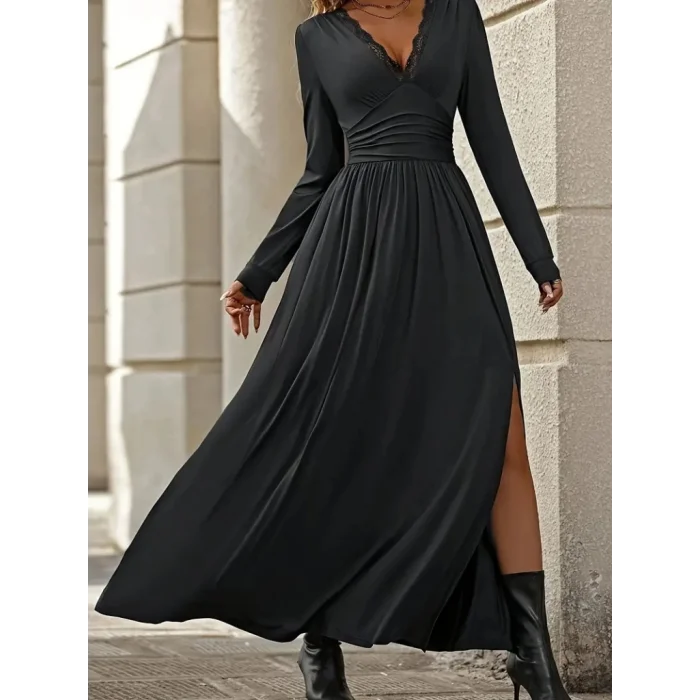 Kadın Uzun Kollu V Dantel Yakalı Yırtmaçlı Uzun Sandy Elbise