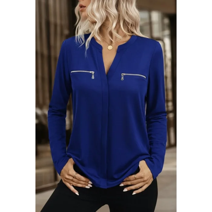 Kadın Uzun Kollu V Hakim Yaka Fermuar Detaylı Viskon Bluz