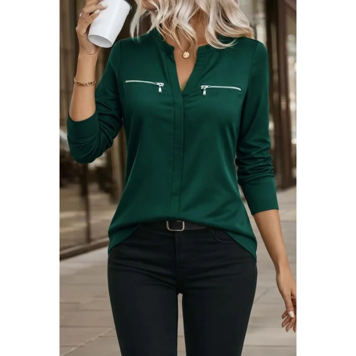 Kadın Uzun Kollu V Hakim Yaka Fermuar Detaylı Viskon Bluz